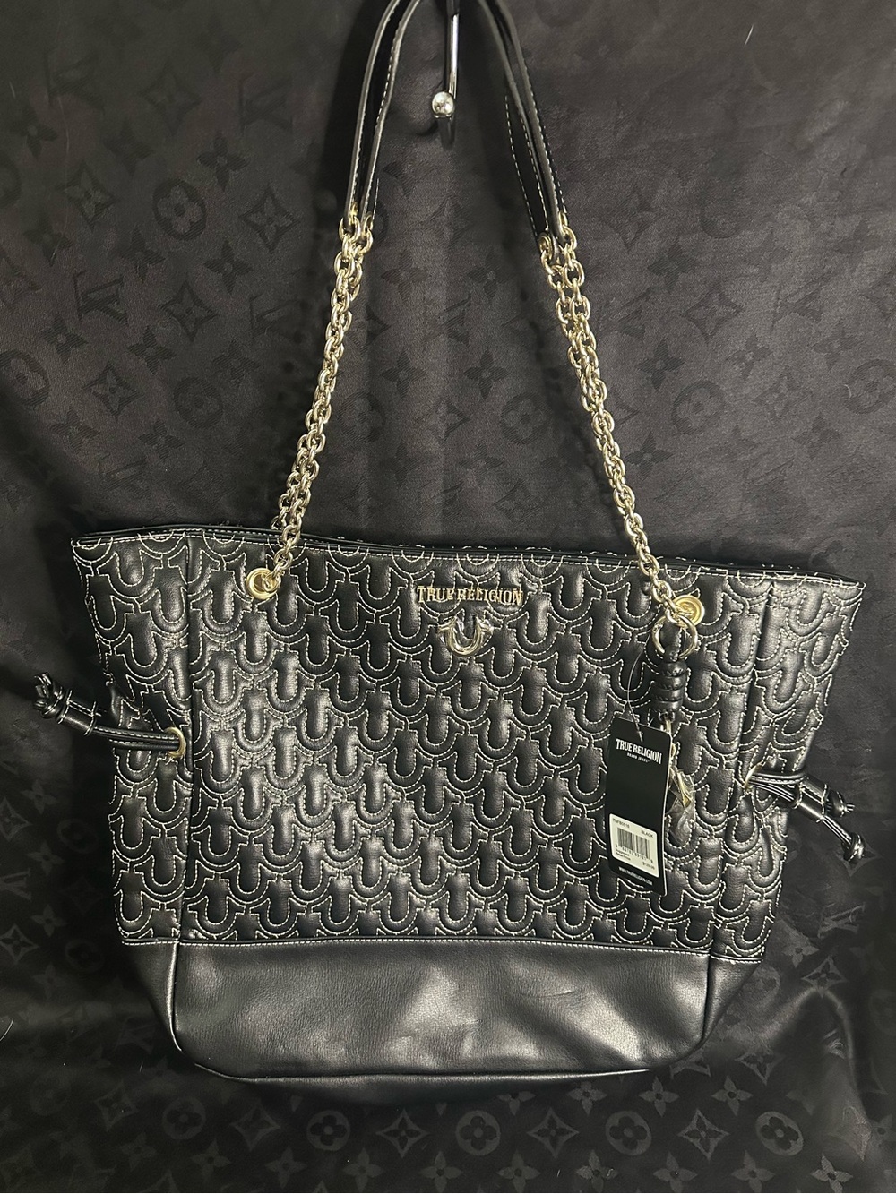 True Religion Black Quilted Tote with Gold Chain Handles